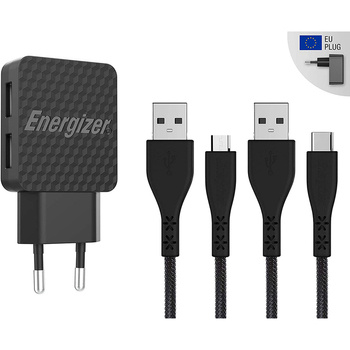 Ładowarka sieciowa 12W Energizer 2xUSB | USB-C/Micro-USB  (czarna)